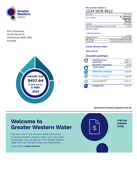 Australia Greater Western Water business utility bill template in PSD template